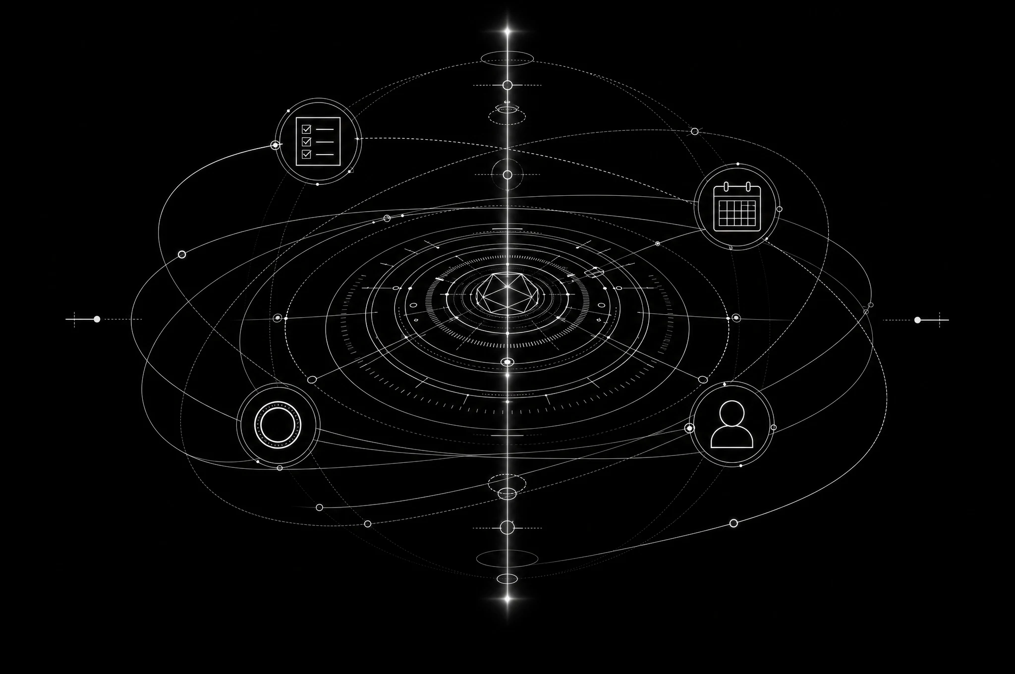 Task, calendar, money, and people modules orbiting a single luminous axis line