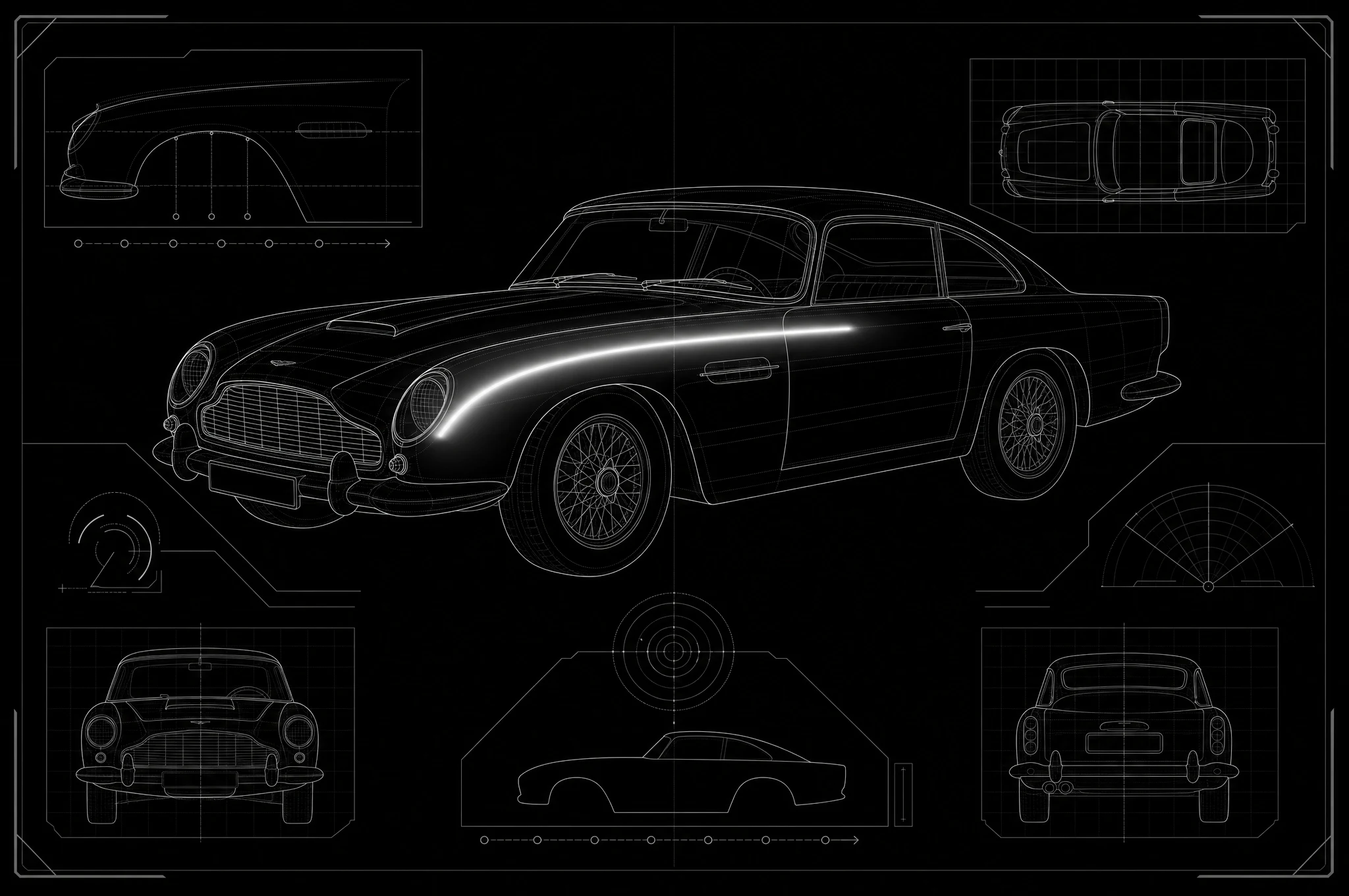A technical automotive blueprint with orthographic views and one sharp detailing highlight sweep