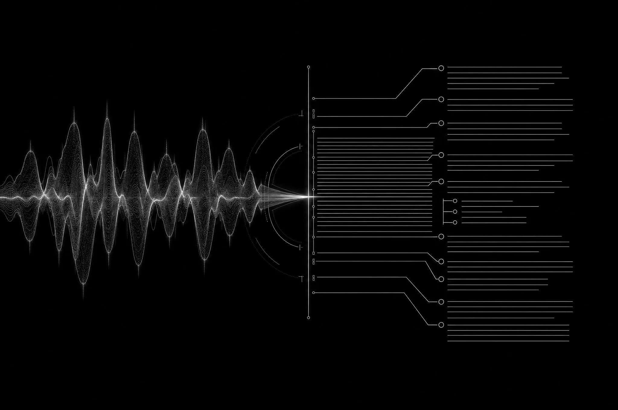 A voice waveform resolving through a gate into ordered, structured document lines