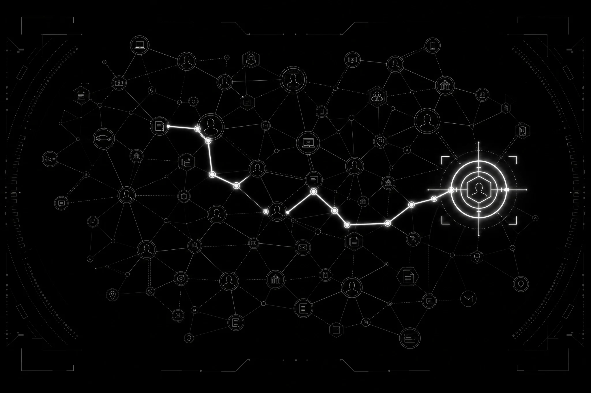 A scattered evidence network with one illuminated path resolving to a locked identity target