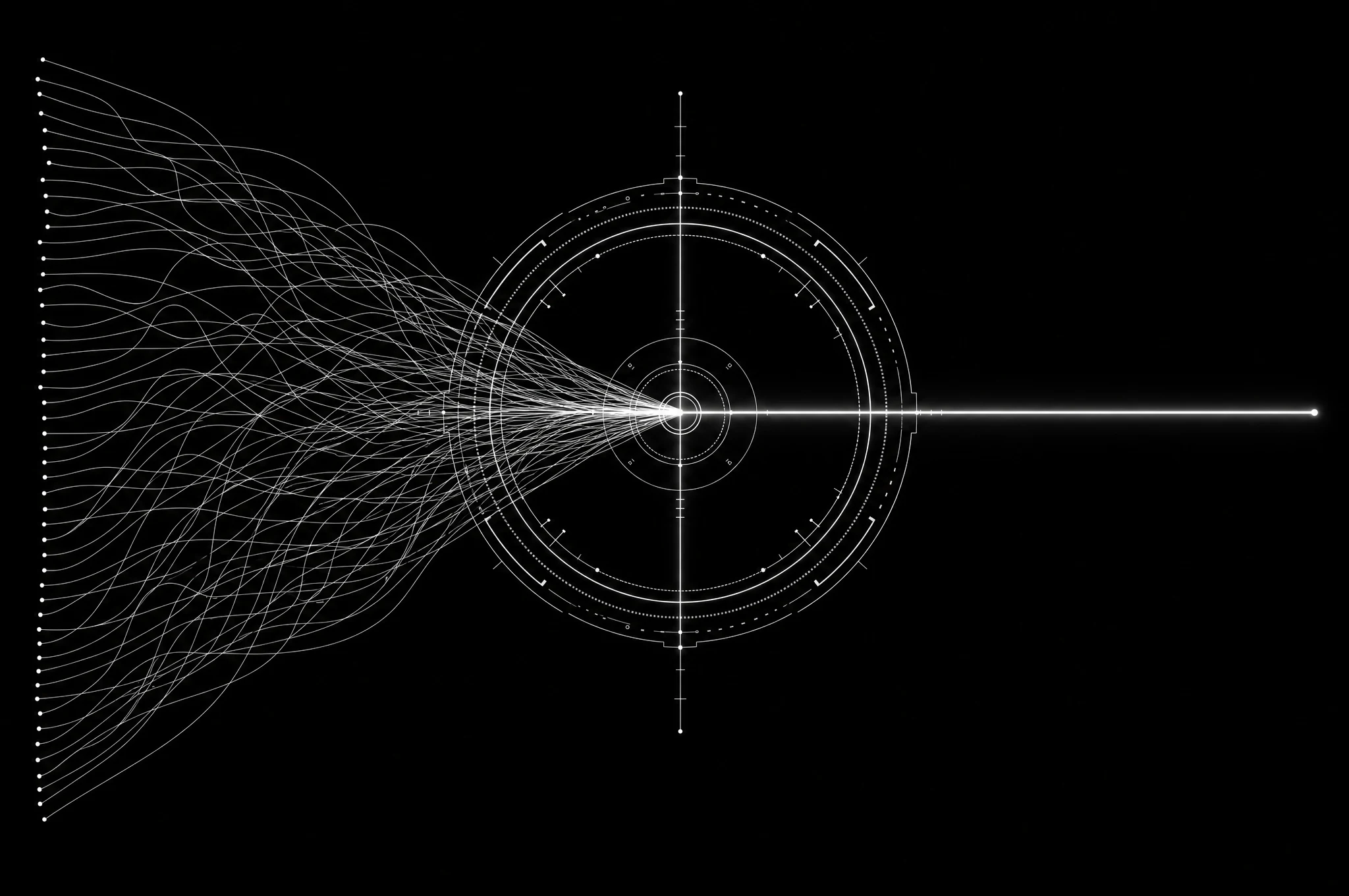 A HUD targeting reticle resolving scattered candidate threads into one ranked, ordered match